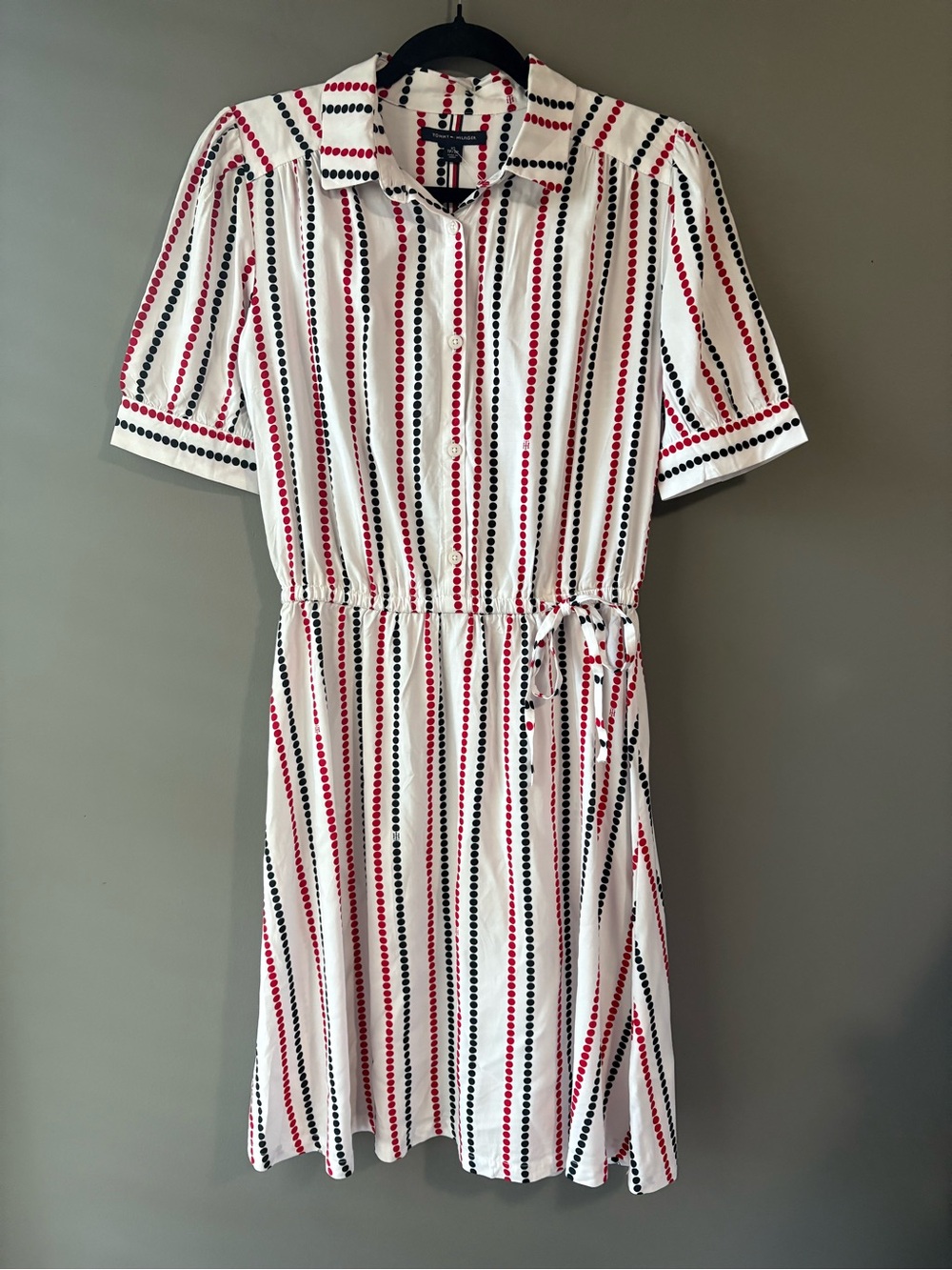 Tommy Hilfiger Striped Shirt Dress XS Red Black White Tie Waist - Picture 2 of 9